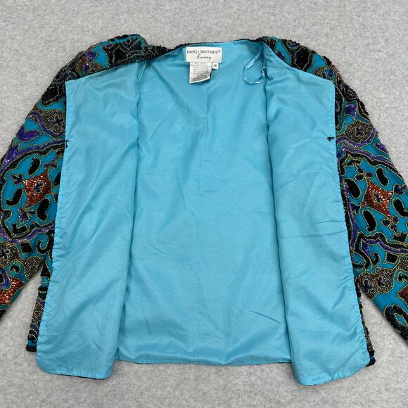 Papell Boutique Evening Trophy Jacket WMN M Blue Silk Sequin Beaded Vtg Brocade - Picture 5 of 14